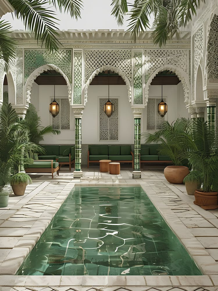 Traditional Moroccan Courtyard With Serene Swimming Pool And Lush Plants
