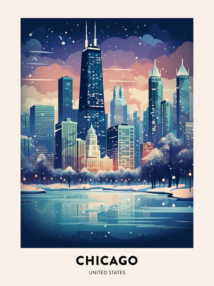 Winter Night  Travel Poster Chicago Usa 3
