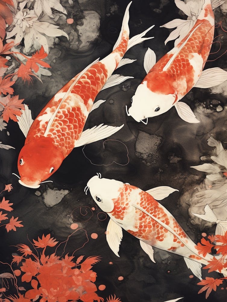 Orange Koi Fish Watercolour With Botanicals 5