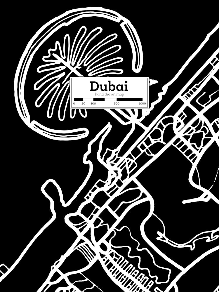 Dubai Map, OAE — Hand-drawn map, vector black map