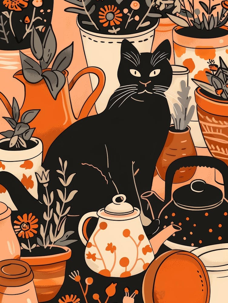 Black Cat In Pots