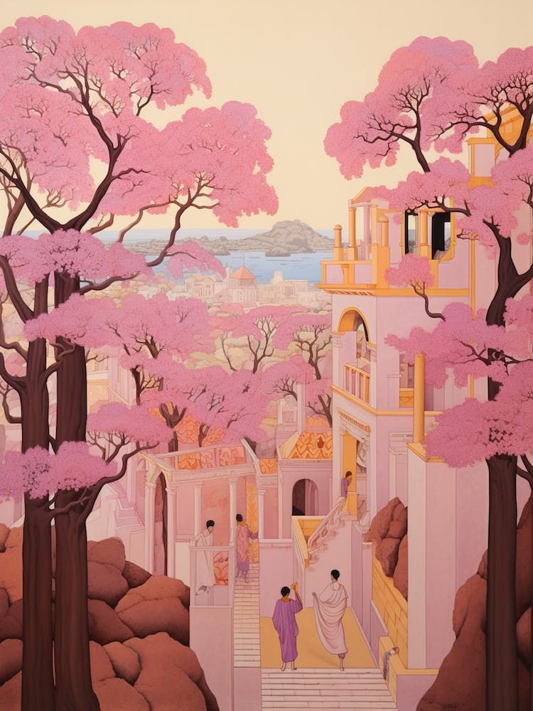 Rhodes Greece 2 Vintage Pink Travel Illustration