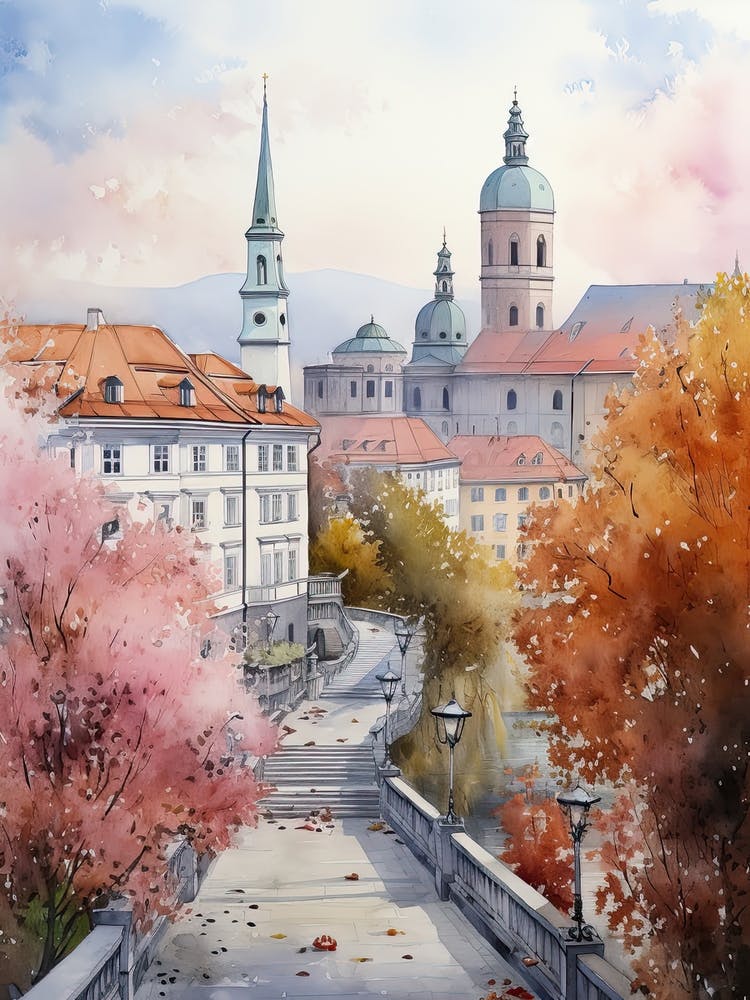 Ljubljana Slovenia In Autumn Fall, Watercolour 2