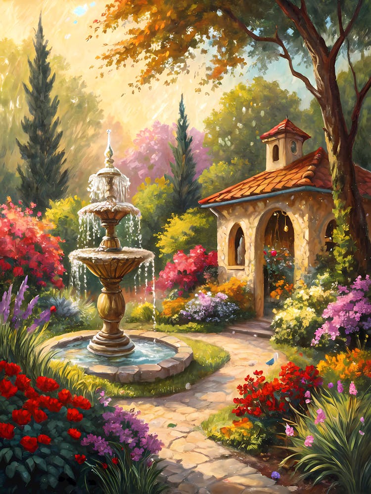 A Colorful Garden with a Small Fountain Oil Painting Style