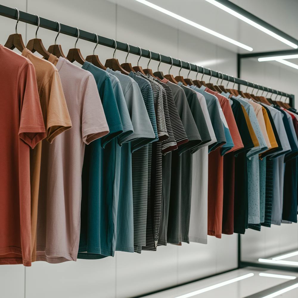 A rack of men's t-shirts