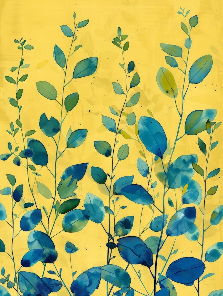 Blue Leaves On Yellow Background