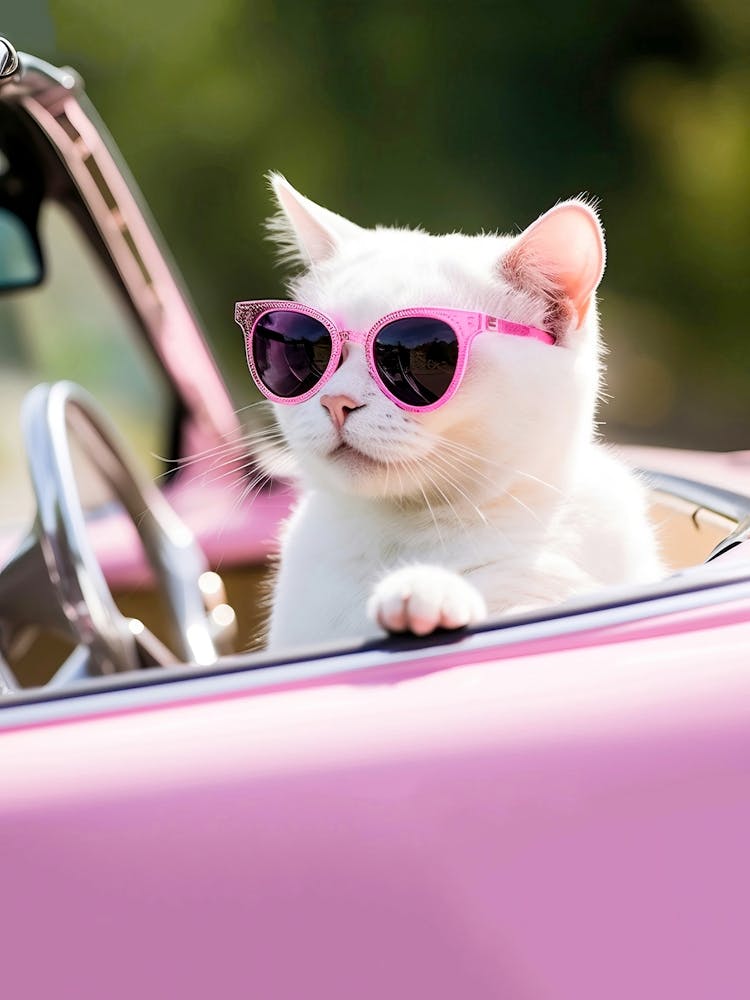 White Cat In Sunglasses Driving Pink Car, Preppy Aesthetic