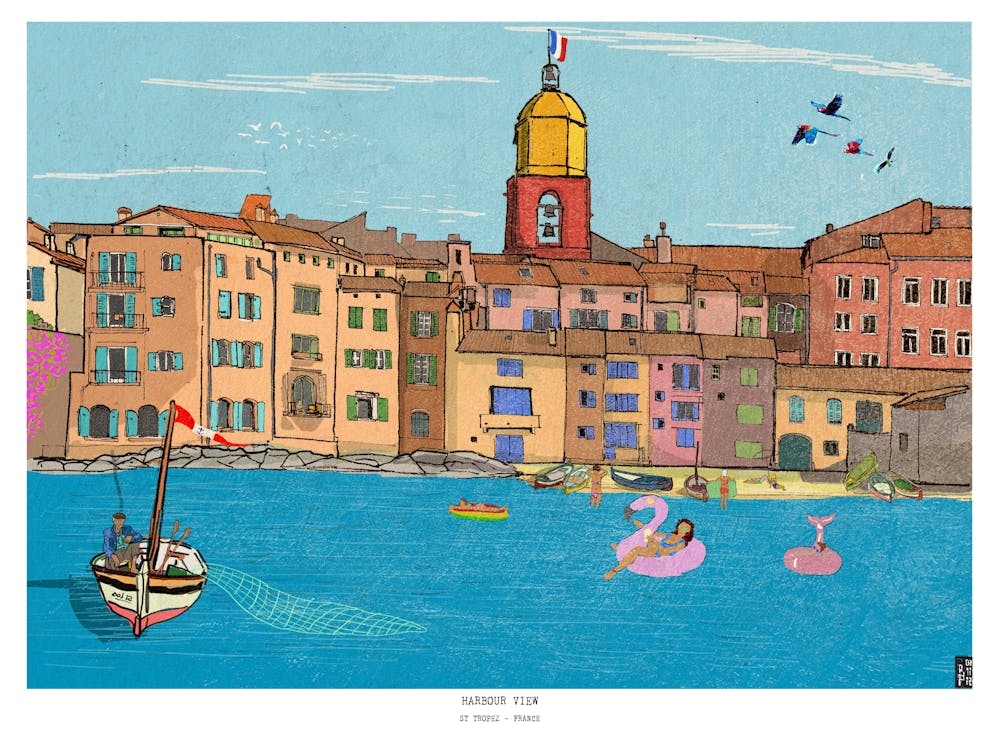 Saint-Tropez - French Cityscape Illustration - France Travel Wall Art - St. Tropez Decor, French Gifts & Travel Print