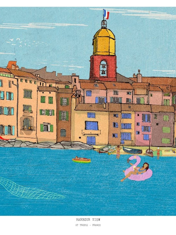 Saint-Tropez - French Cityscape Illustration - France Travel Wall Art - St. Tropez Decor, French Gifts & Travel Print