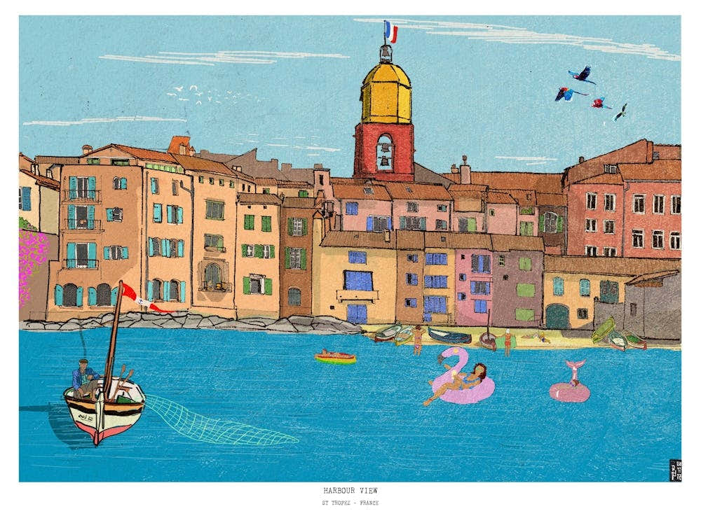Saint-Tropez - French Cityscape Illustration - France Travel Wall Art - St. Tropez Decor, French Gifts & Travel Print