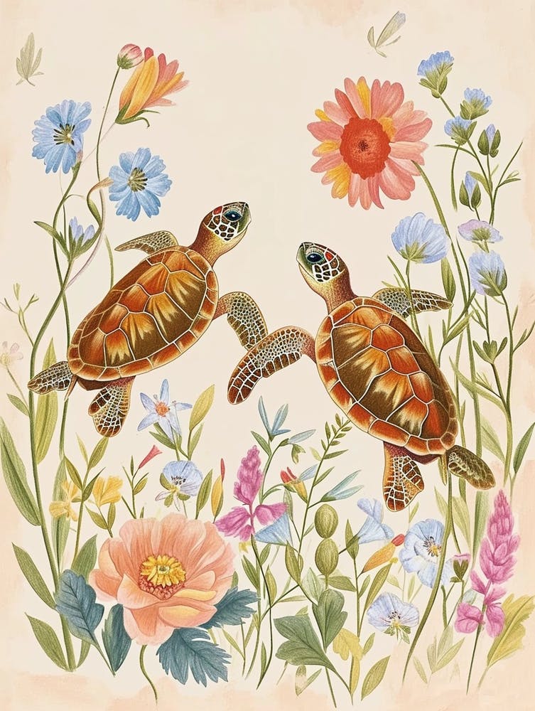 Folksy Floral Animal Drawing Turtle