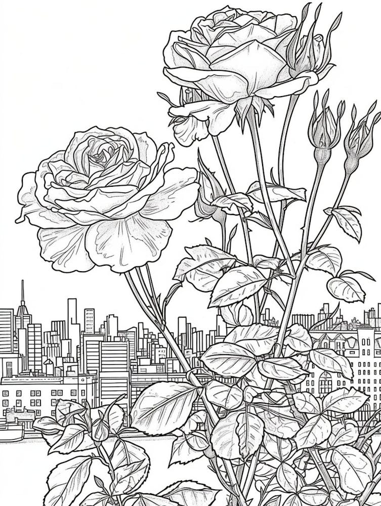 Rose Cityscape Line Drawing 1