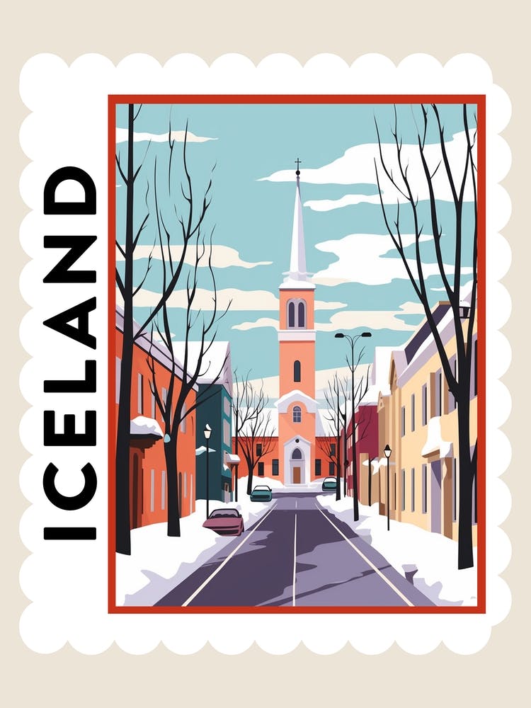 Retro Winter Stamp Poster Reykjavik Iceland 3