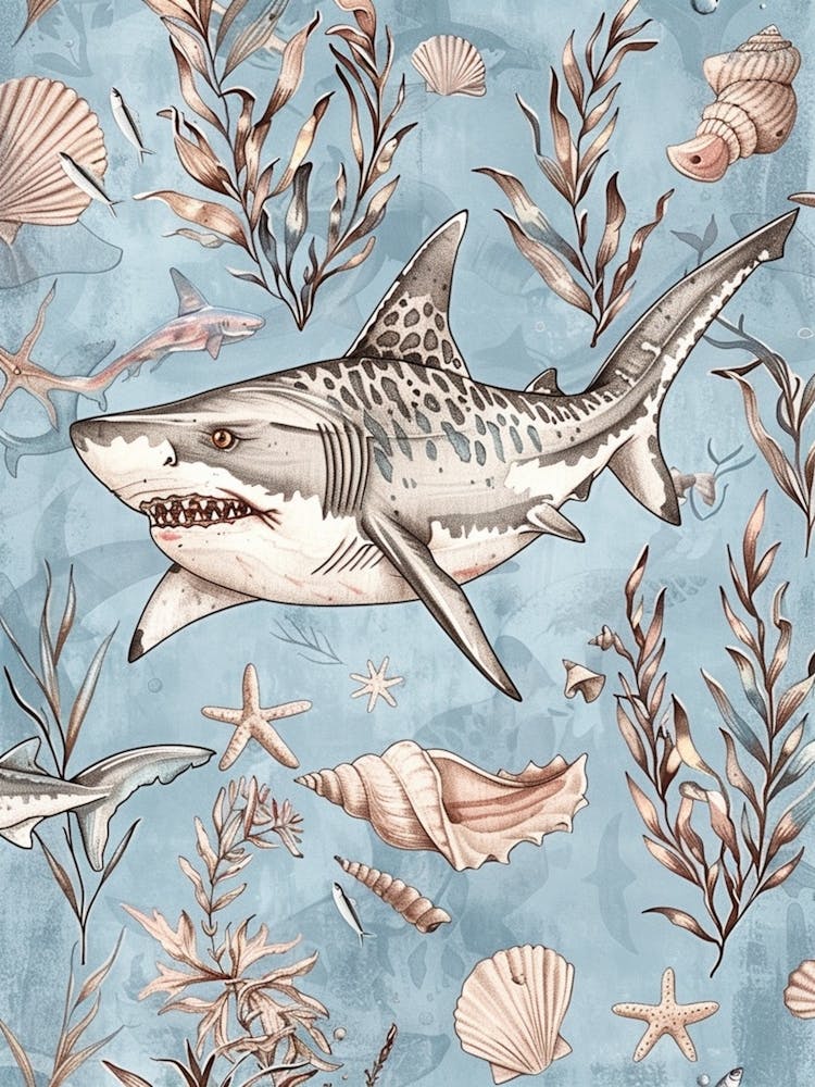 Pastel Blue Tiger Shark Watercolour Seascape Pattern 2