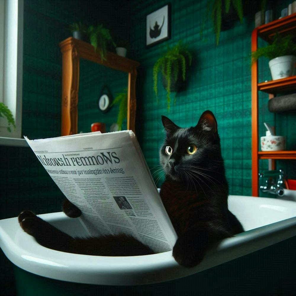 Cat Reading Newspaper In Bathtub