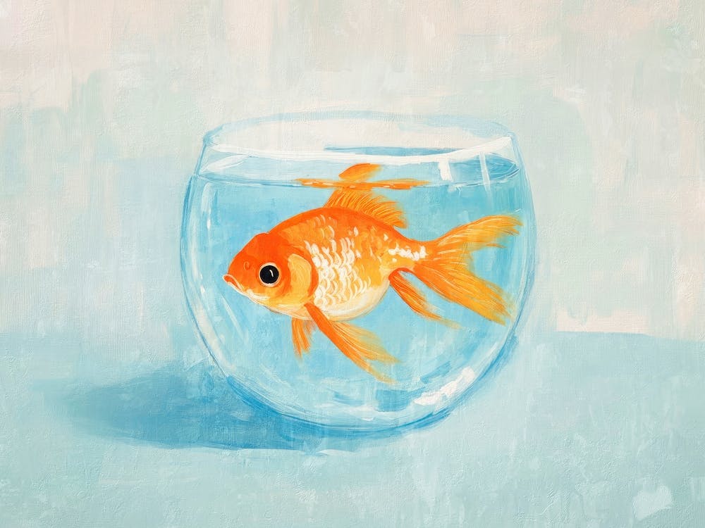 Goldfish in glass bowl painting in Soft pastel for coastal or beachy decor, Minimalist still life Orange and Blue cute wall art for bathrooms and kitchens, Whimsical artwork for kids rooms and nusery
