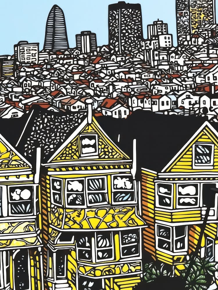Painted Ladies San Francisco Linolschnitt Illustrationsstil 1