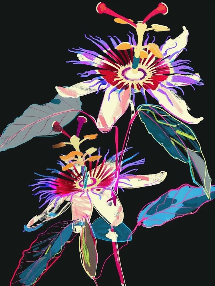 Neon Flowers On Black Passionflower 3