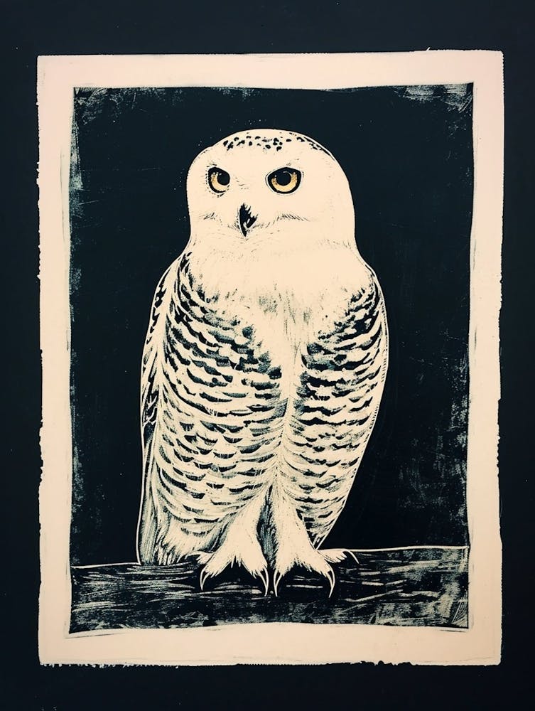 Snowy Owl Linocut Blockprint 1