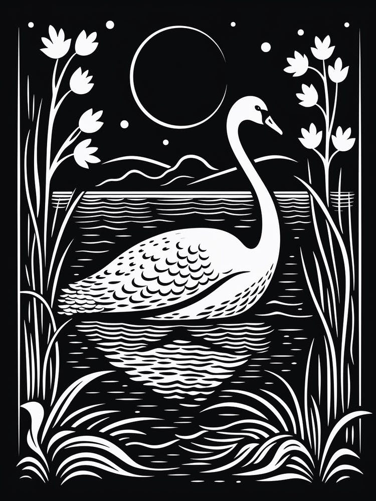 B&W Bird Linocut Swan 1
