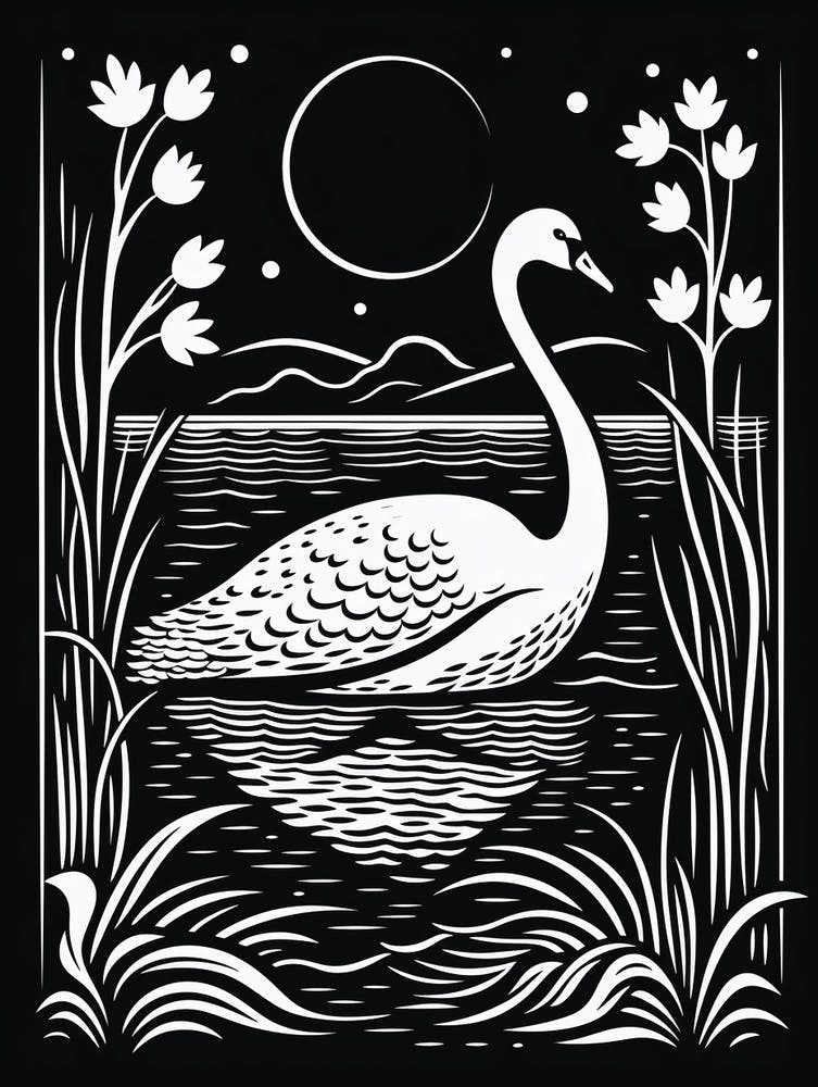 B&W Bird Linocut Swan 1