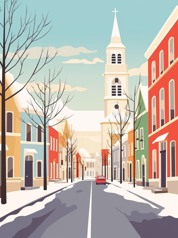 Vintage Winter Travel Illustration Reykjavik Iceland 1