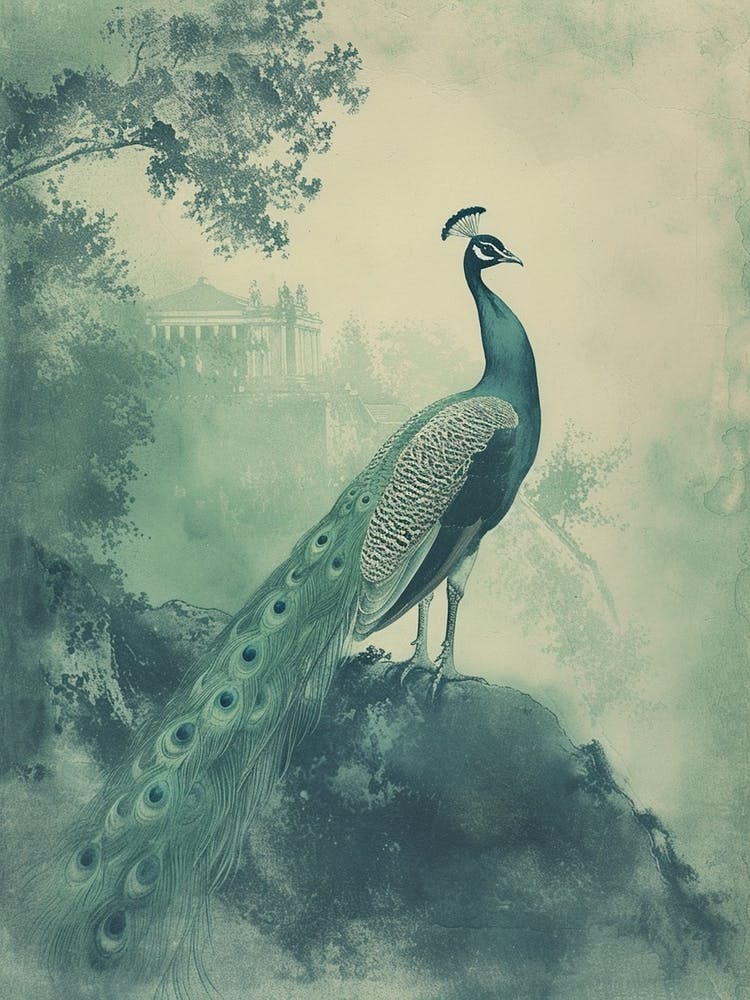 Vintage Turquoise Peacock With A Palace In The Background 2