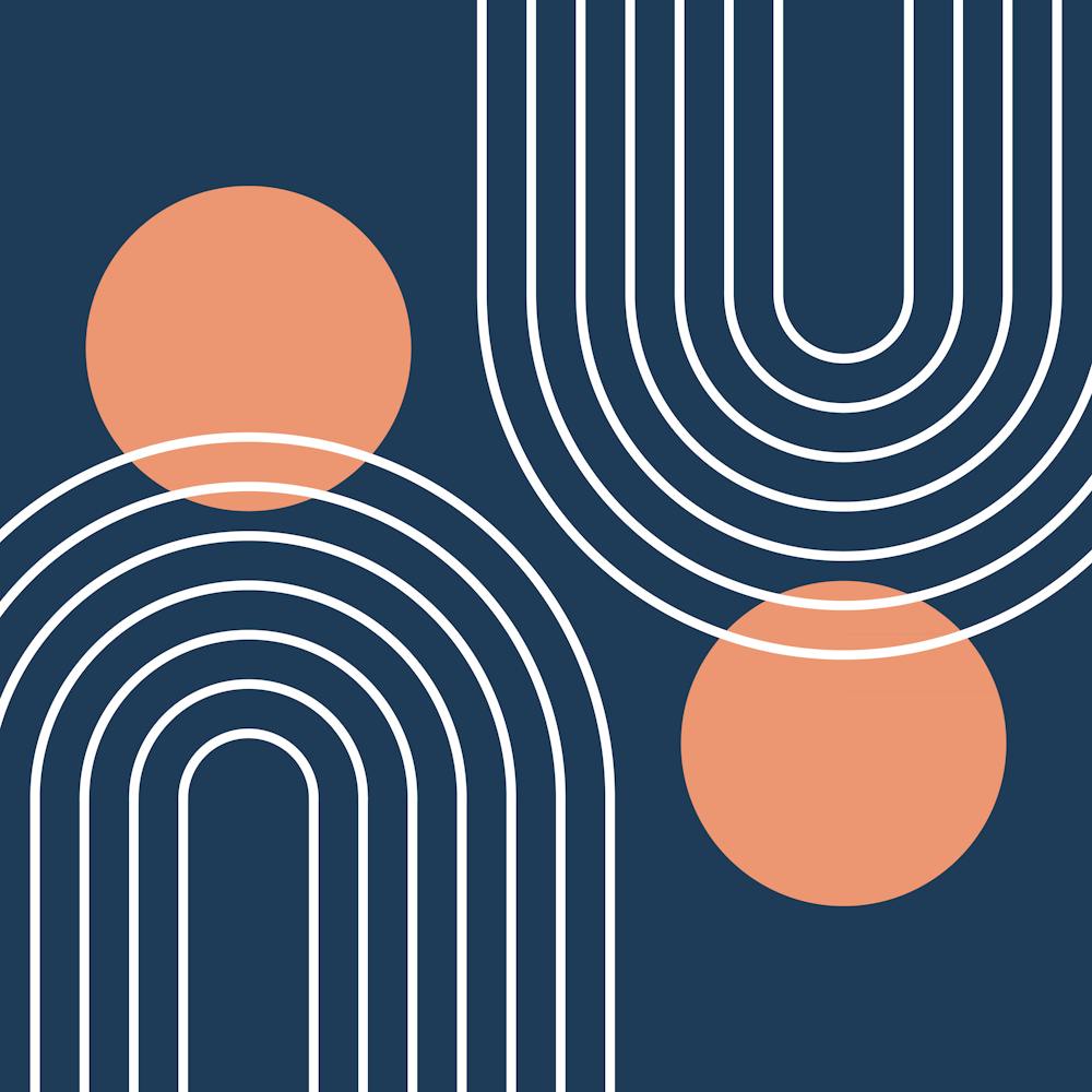 Mid Century Modern Geometric In Navy Blue And Peach (Rainbow And Sun Abstract) 1