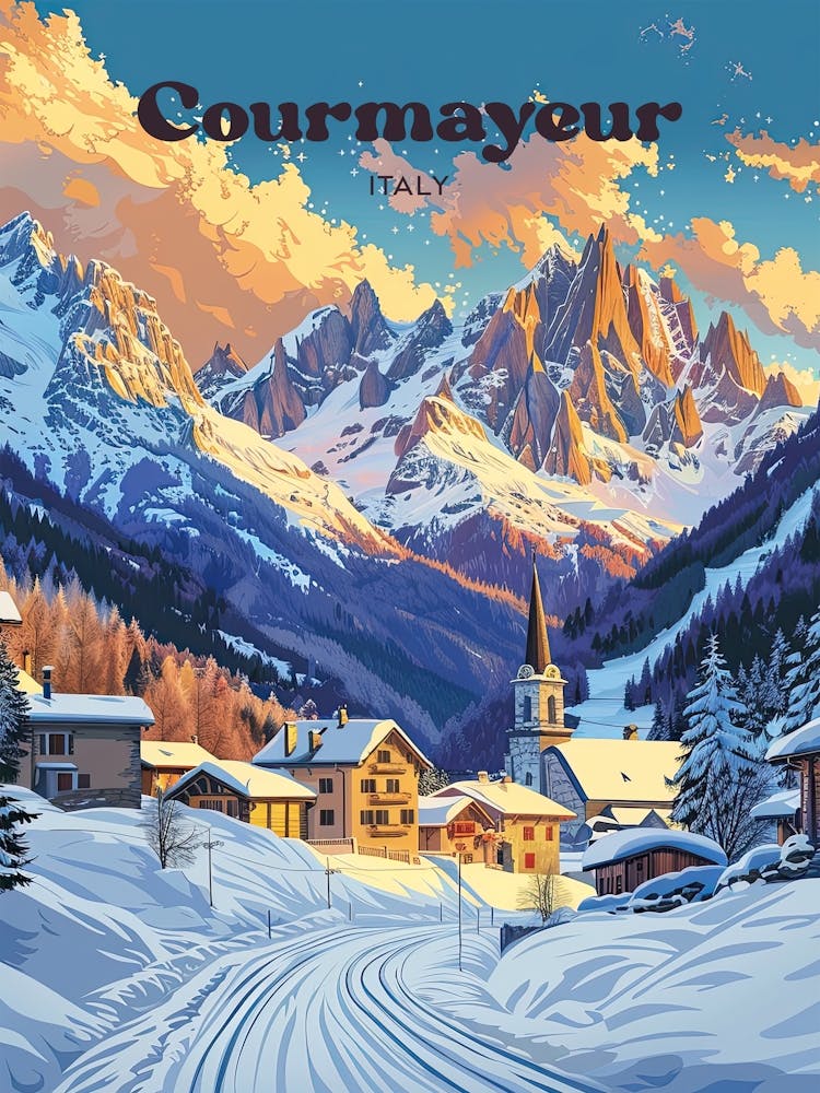 Courmayeur Italy Ski Vacation Travel Illustration
