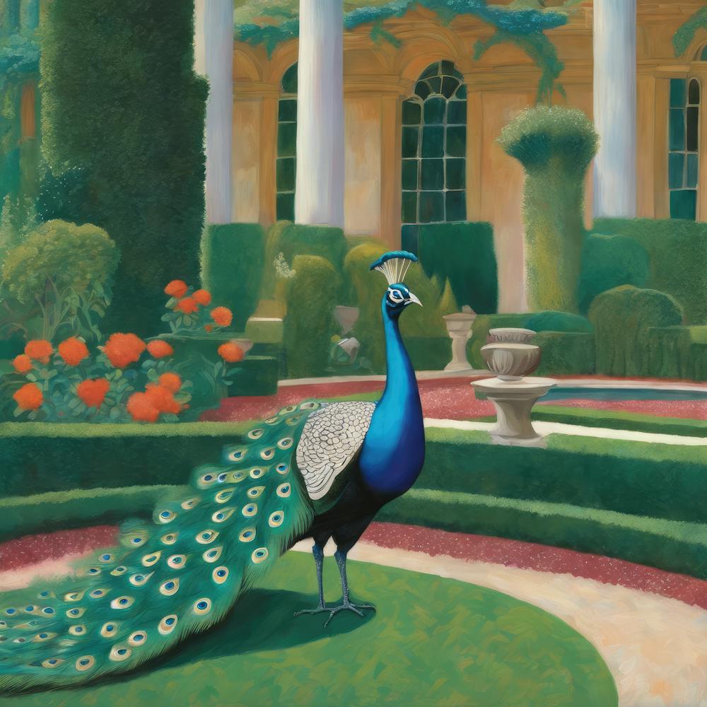 Peacocks in a Renaissance Garden Series. In Style of David Hockney 7