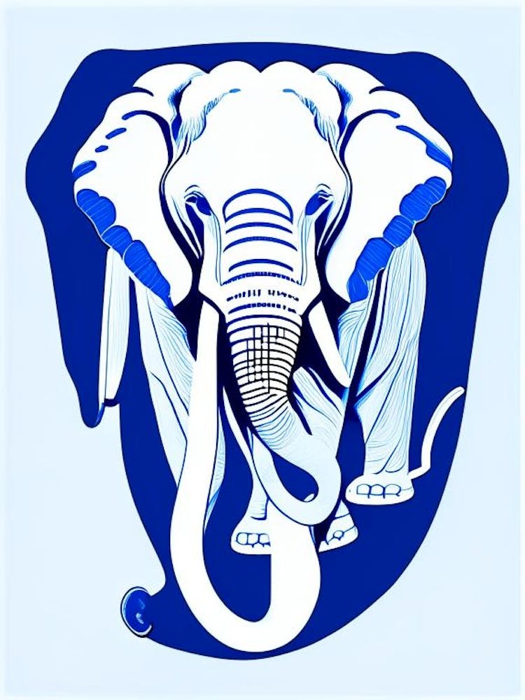 Elephant And Lotus Symbol Blue And White Line Drawing