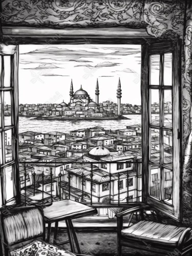 A Window View Of Istanbul In The Style Of Black And White  Line Art 2