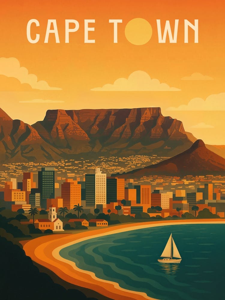Cape Town Travel Poster South Africa – Table Mountain and Ocean Breeze: Cape Town’s colorful cityscape beneath Table Mountain meets ocean calm in this travel poster. A unique blend of Africa’s natural and urban beauty – ideal for coastal dreamers and mountain lovers.