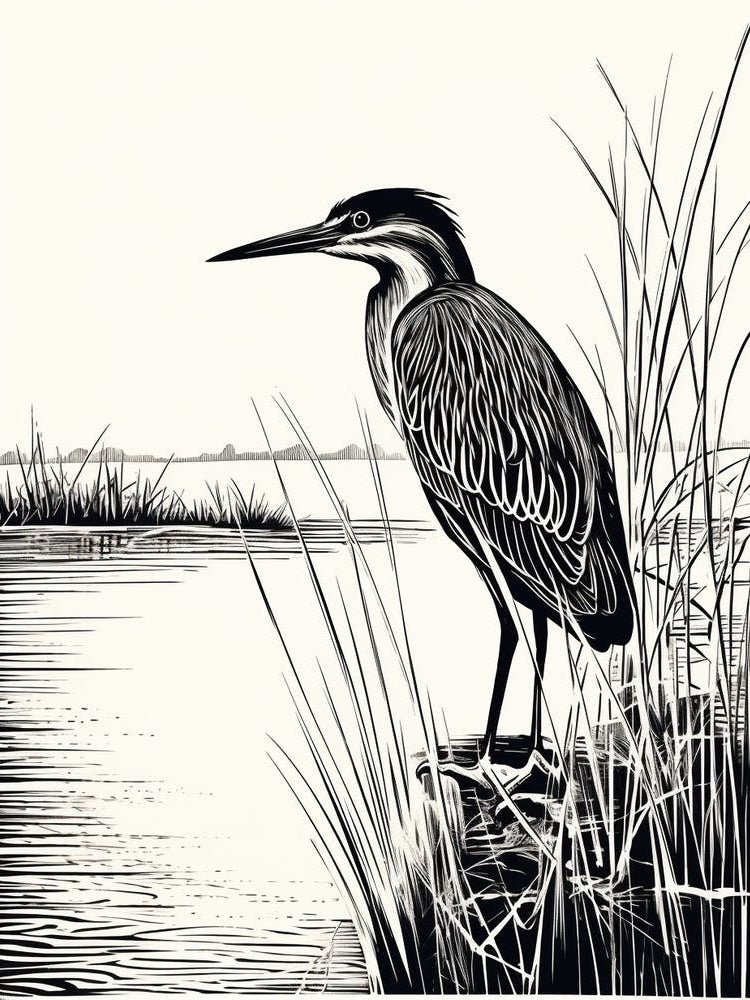 B&W Bird Linocut Green Heron 2
