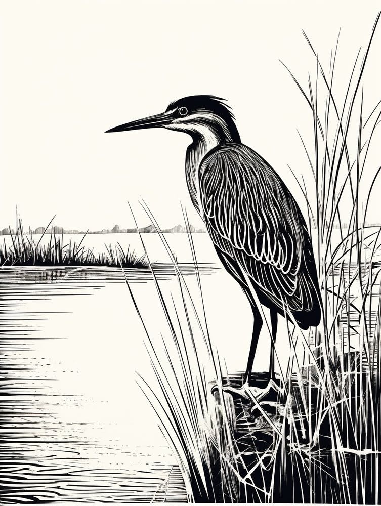 B&W Bird Linocut Green Heron 2