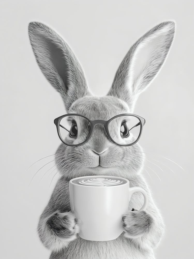 Rabbit Drinking Coffee Wall Art, Black And White Print, Bunny Poster, Trendy Animal Art, Coffee Bar Decor, Funny Poster, Kitchen Wall Decor