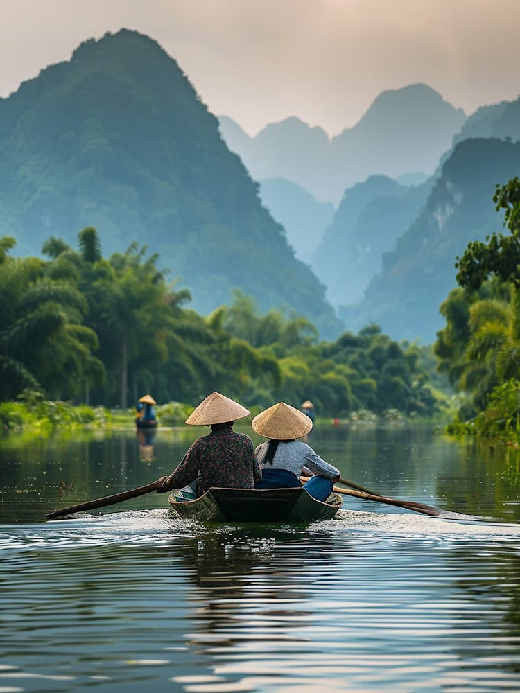 Two People Rowing A Boat On A River