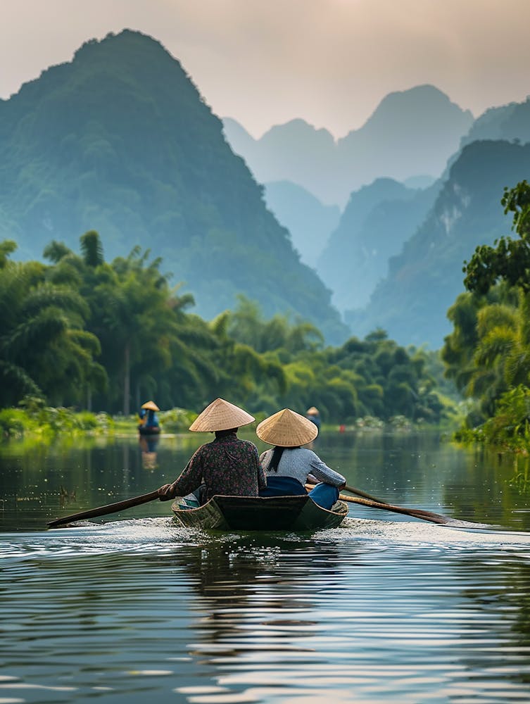 Two People Rowing A Boat On A River