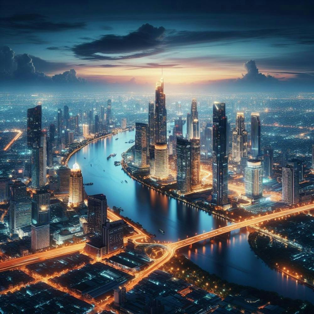 Horizon Urbain La Nuit, Avec Une Grande Zone Illuminée Et Une Rivière Scintillante En Contrebas