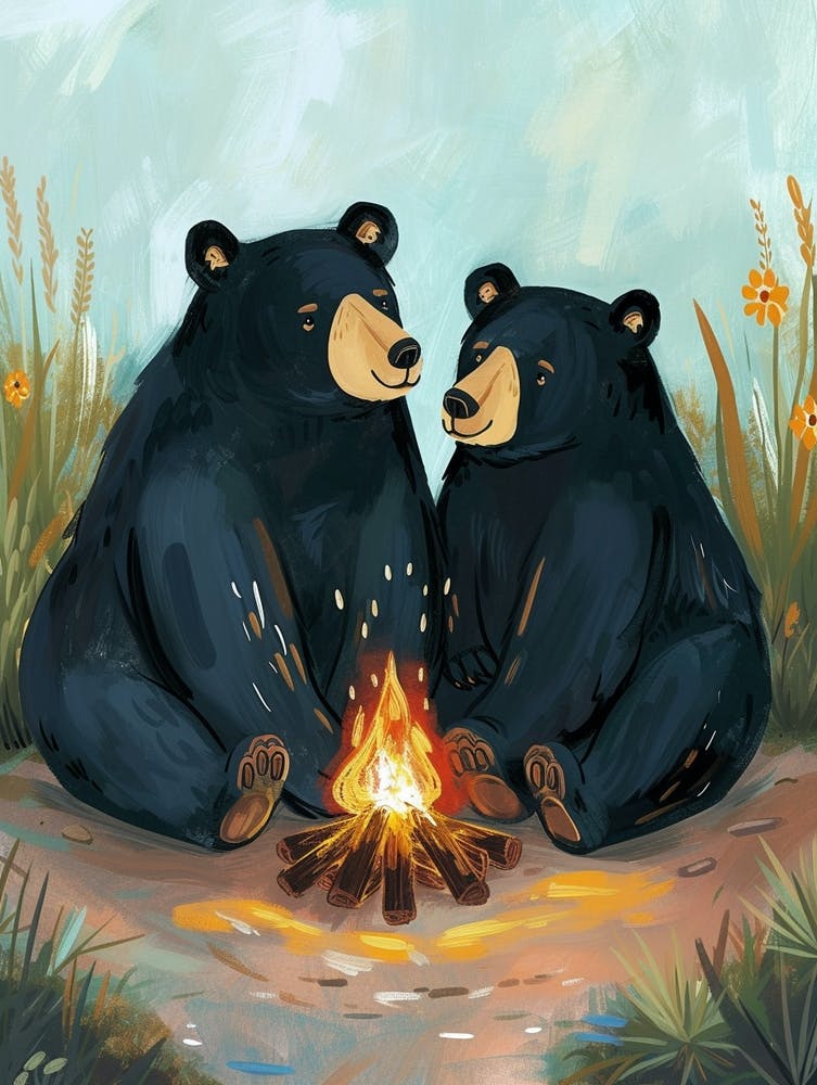 American Black Bear Two Bears Sitting Together Storybook Illustration 3