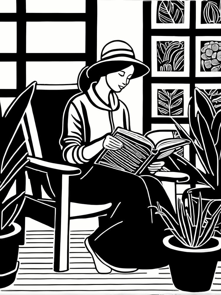 Lino cut Inspired black and white Reading In the Garden Art, Garden Girl Art, Gardening reading, 230