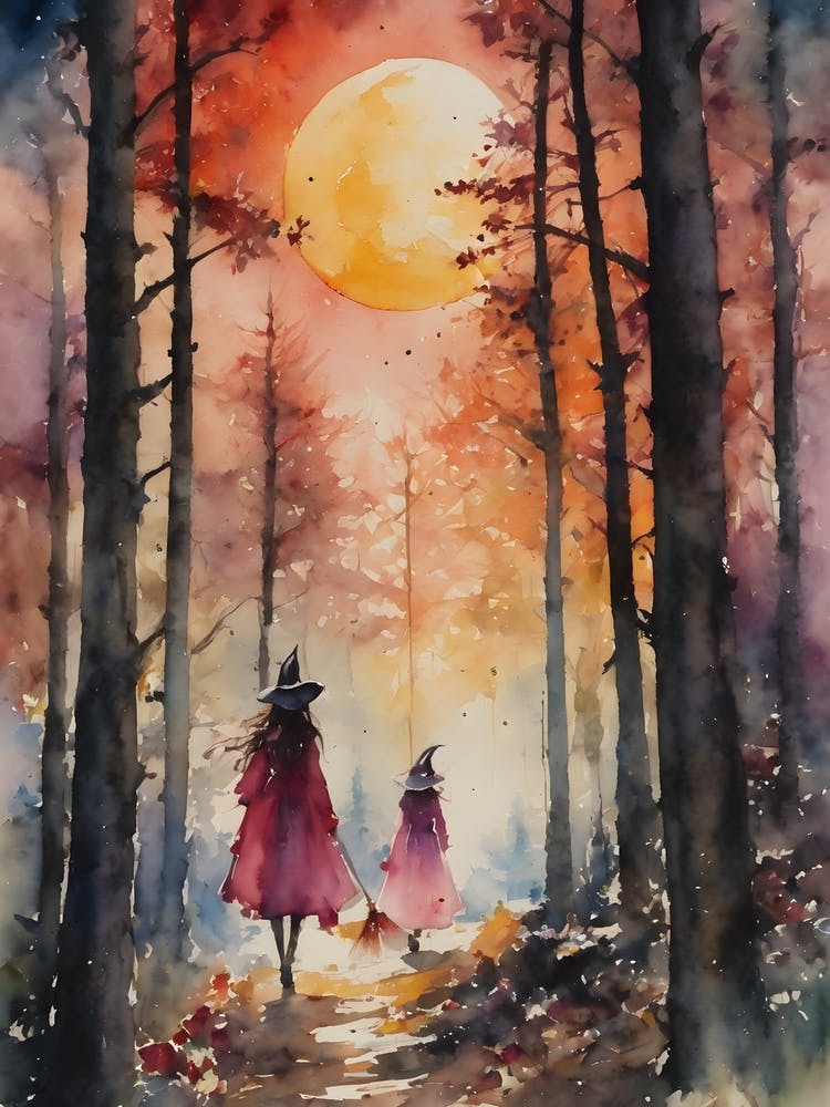 Mother and Daughter Rose Witches ~ Witchy parents, witch mom, pagan mom, pagan parenting, witchy artwork, witches, woods witch, hedge witchery, sunset walk, fairytale watercolor, forest witchcraft, beautiful paganism, midsummer, litha, colorful