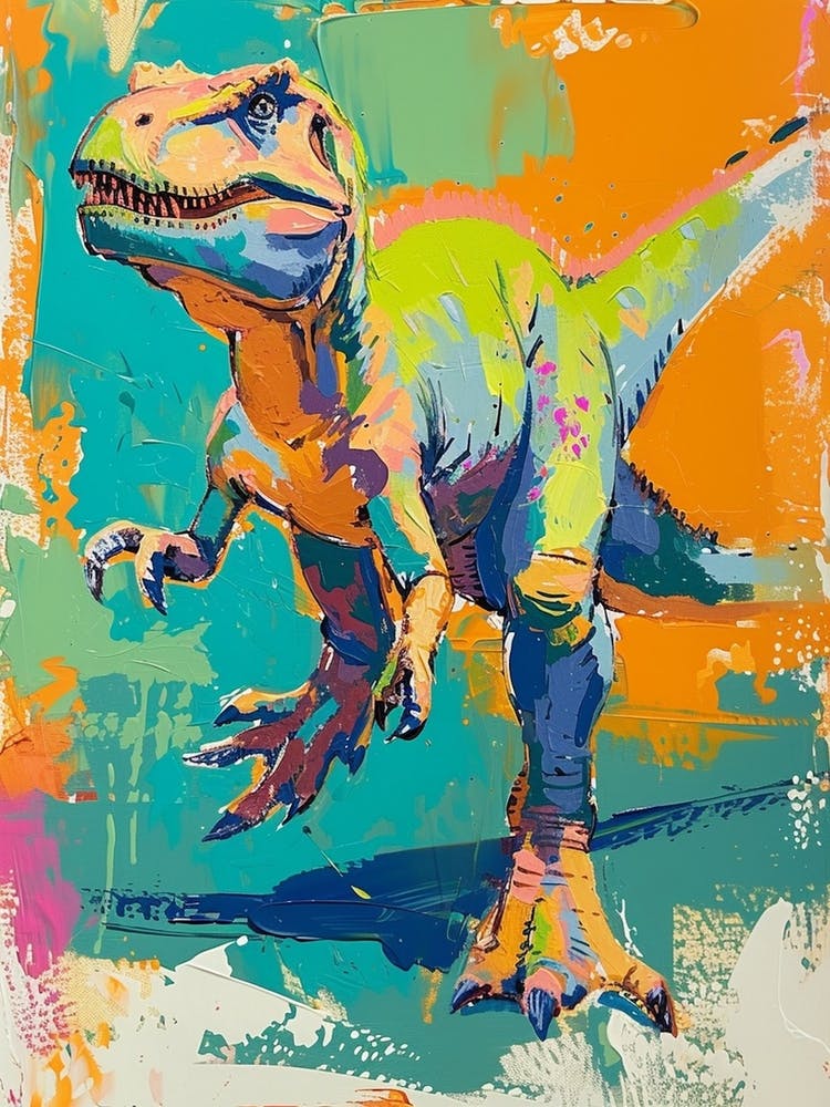 Dinosaur Running Blue Orange Brushstrokes 2