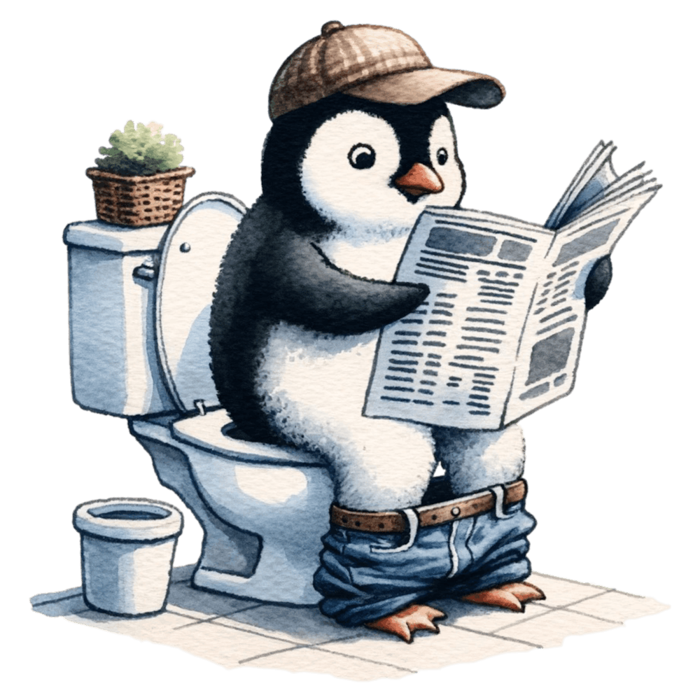 Penguin Reading Newspaper on Toilet