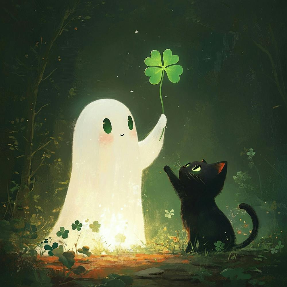 A cute ghost holding up a four leaf clover