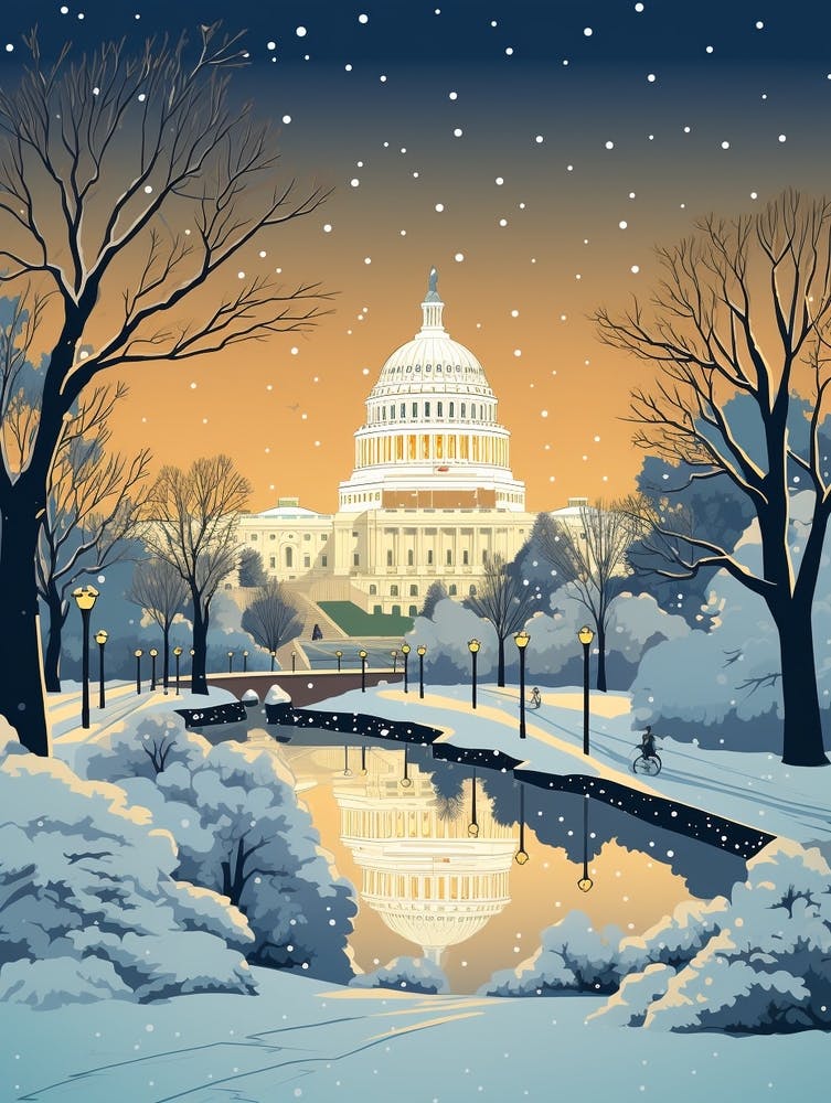 Winter Travel Night Illustration Washington Dc Usa 1