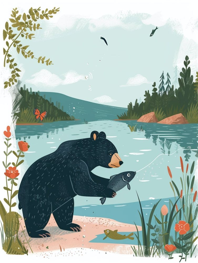 American Black Bear Catching Fish In A Tranquil Lake Storybook Illustration 4