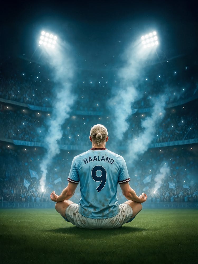 Erling Haaland Poster – Zen Celebration & Goal Focus: Erling Haaland in full focus – captured in his iconic meditation celebration after another unstoppable goal. From Norway to Manchester City, Premier League to Champions League, this stadium moment hono