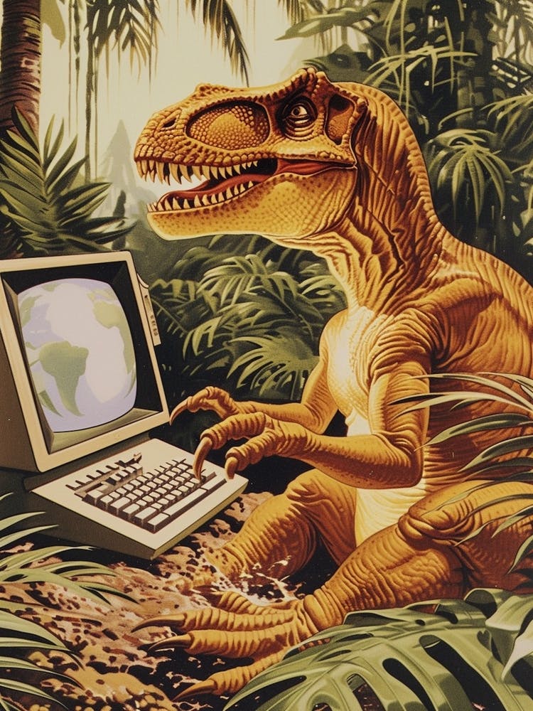 Dinosaurier am Computer Retro-Collage 2