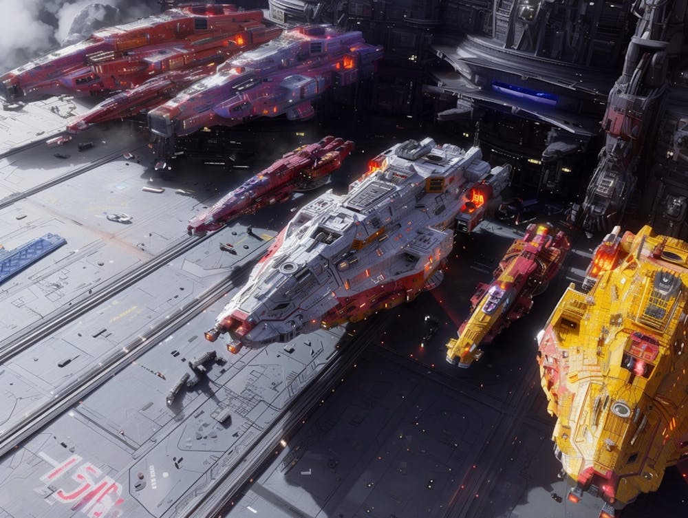 A Giant Space Battleship Is Located In The Middle, Equipped With Laser Cannons, Plasma Cannons, A Sci Fi 3d Style, And A Parking Lot Atmosphere